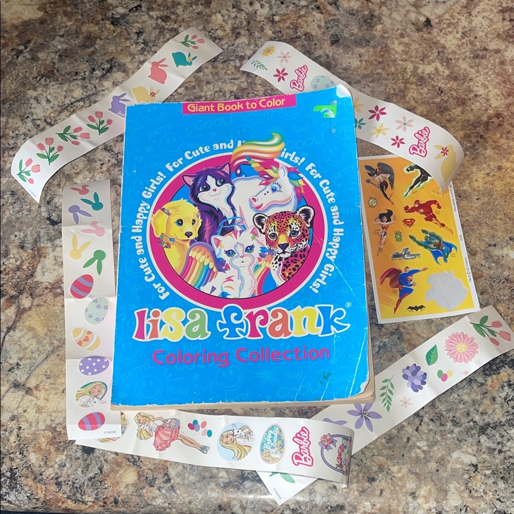 Vintage Lisa Frank Blue Coloring Collection with Barbie and Marvel Stickers